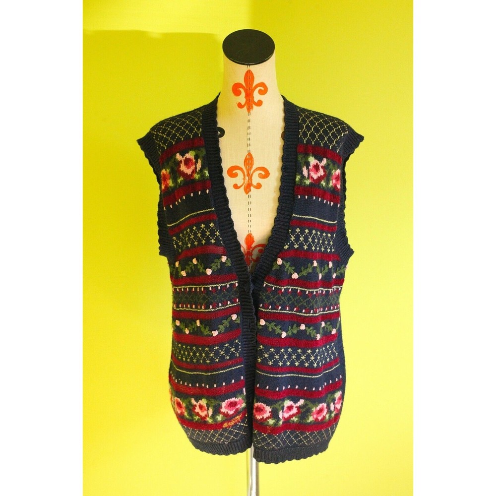 VTG JANTZEN CLASSICS Women's Sz L Knit Jacket Sweater Hand Embroidered Rose Blue